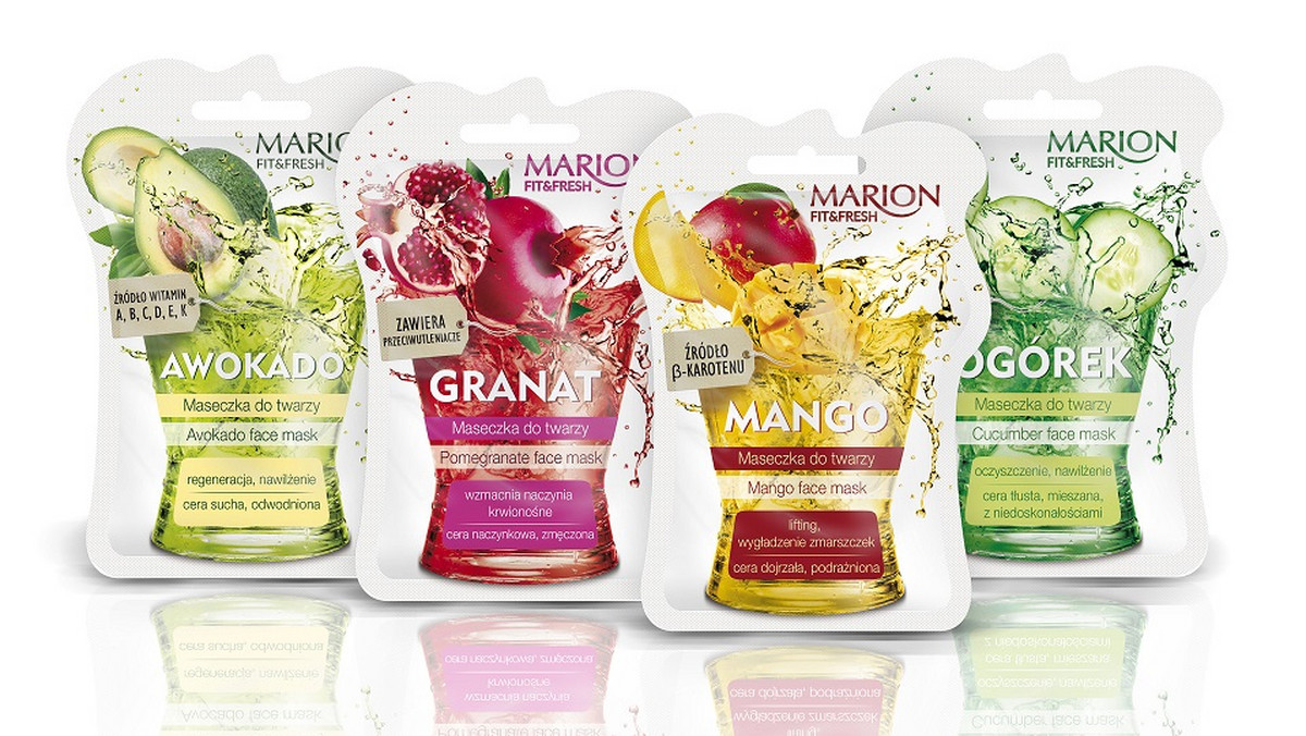 Marion Fit&amp;Fresh prezentuje soczyste maseczki do twarzy zapewniające odżywioną cerę w doskonałej kondycji. Dostępne w czterech zapachach: awokado - regeneracyjno-oczyszczająca, granat - wzmacniająca naczynia krwionośne, mango - wygładzająca zmarszczki oraz ogórek - oczyszczająca i nawilżająca.