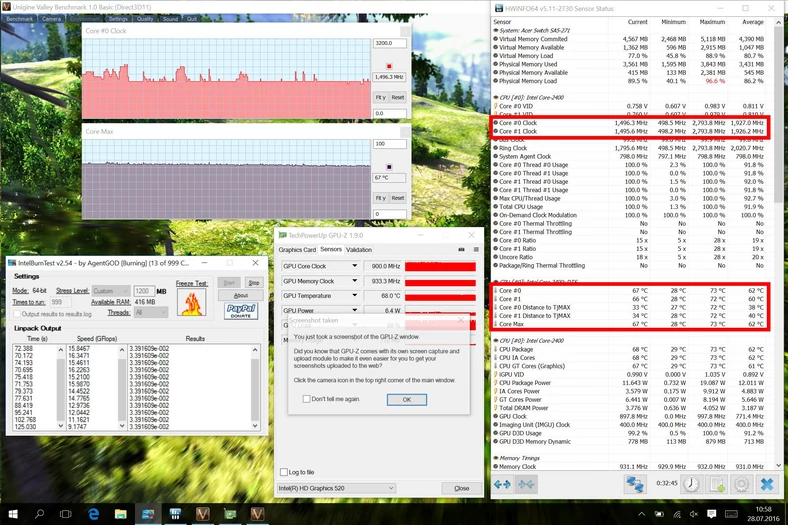 Parametry CPU i GPU po maksymalnym obciążeniu obu tych układów jednocześnie przez dłuższy czas (kliknij, żeby powiększyć)