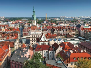 View from Castle tower on town hall and old buildings in center of polish city Poznan, Poland.