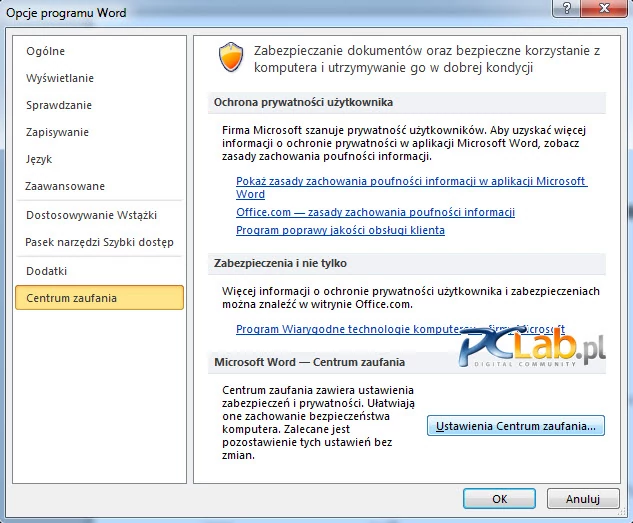 MS Word 2010 – centrum zaufania (kliknij, aby powiększyć)