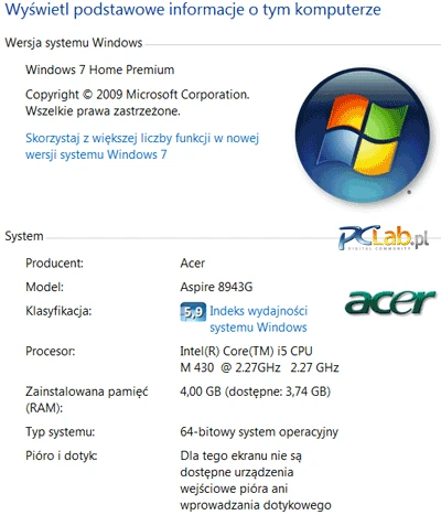 Na dysku zainstalowano Windows 7 Home Premium w wersji 64-bitowej. Są 4 GB pamięci, co dla większości użytkowników będzie wielkością optymalną