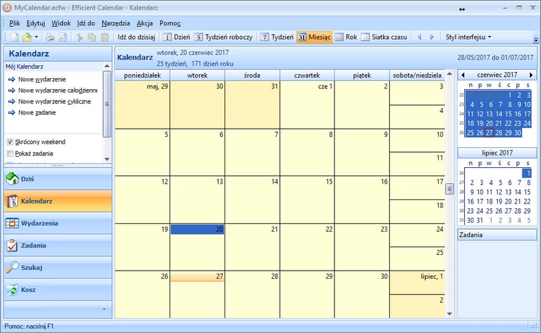 Główne okno osobistego organizera - Efficient Calendar