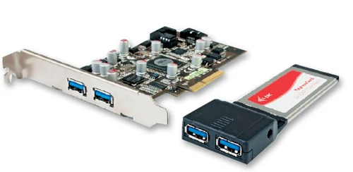 Tylko nieliczne komputery wyposażone są w gniazda USB 3.0. Aby więc w pełni wykorzystać możliwości dysku USB 3.0, trzeba mieć kontroler. W przypadku notebooków może być to urządzenie ExpressCard (na zdjęciu i-tec Express Card 2x USB3.0 SuperSpeed, cena 140 złotych), dla pecetów kupujemy kartę PCI-Express (na zdjęciu ASUS U3S6, cena 85 złotych)