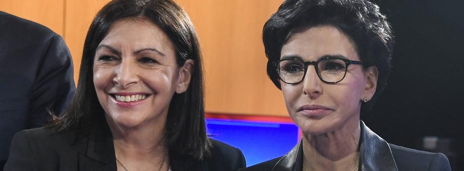 Anne Hidalgo (z lewej) i Rachida Dati przed debatą w stacji telewizyjnej LCI, 4.03.2020
