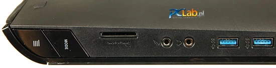 Lewy bok: guziki obsługi ekranu, gniazdo kart pamięci, wejścia słuchawkowe oraz mikrofonowe i dwa porty USB 3.0