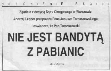 Sąd nakazał szefowi Samoobrony przeproszenie Tomaszewskiego