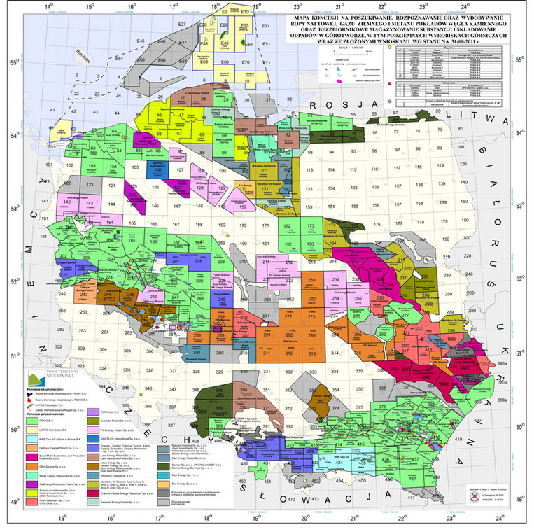 Mapa koncesji na poszukiwanie, rozpoznawanie oraz wydobywanie ropy naftowej, gazu ziemnego i metanu pokładów węgla kamiennego oraz bezzbiornikowe magazynowanie substancji i składowanie odpadów w górotworze, w tym podziemnych wyrobiskach górniczych wraz ze złożonymi wnioskami według stanu na 31 sierpnia 2011 r. Źródło: Ministerstwo Środowiska
