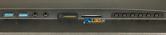 Lewy bok: gniazda USB 3.0, wejścia audio, gniazdo kart pamięci oraz guziki do obsługi interfejsu monitora i głośników