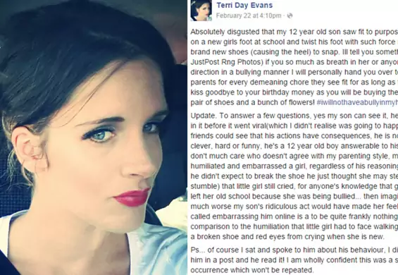 Skompromitowała swojego syna na Facebooku za znęcanie się nad nową koleżanką ze szkoły