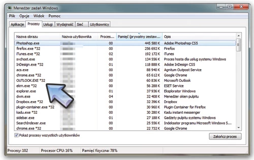 32-bitowe procesy i aplikacje działające w 64-bitowym systemie są w Menedżerze Zadań specjalnie oznaczane (*32)