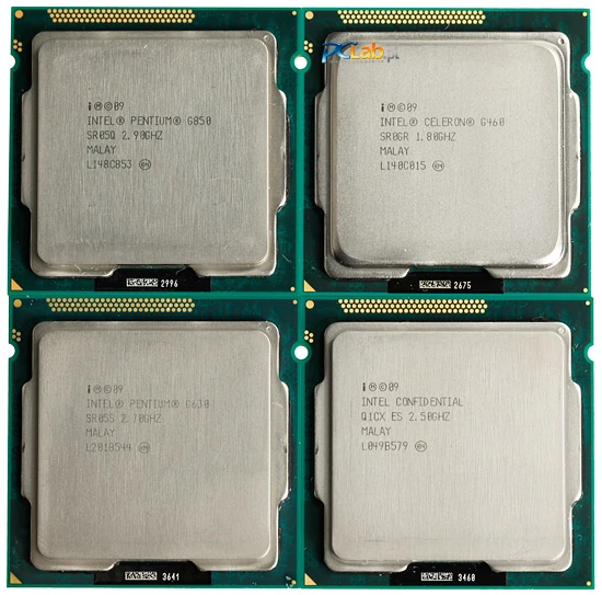 Od góry od lewej: Pentium G850, Celeron G460, Celeron G540 (ES), Pentium G630