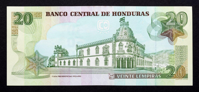 Lempira, rewers. Banknot z Hondurasu produkowany w Polsce przez PWPW
