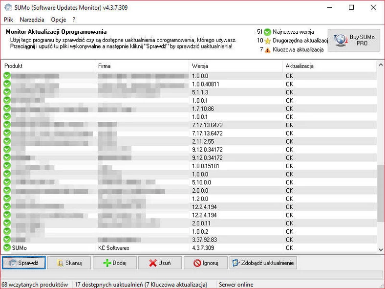 Główne okno programu do aktualizacji zainstalowanego oprogramowania w Windows - SUMo Pro