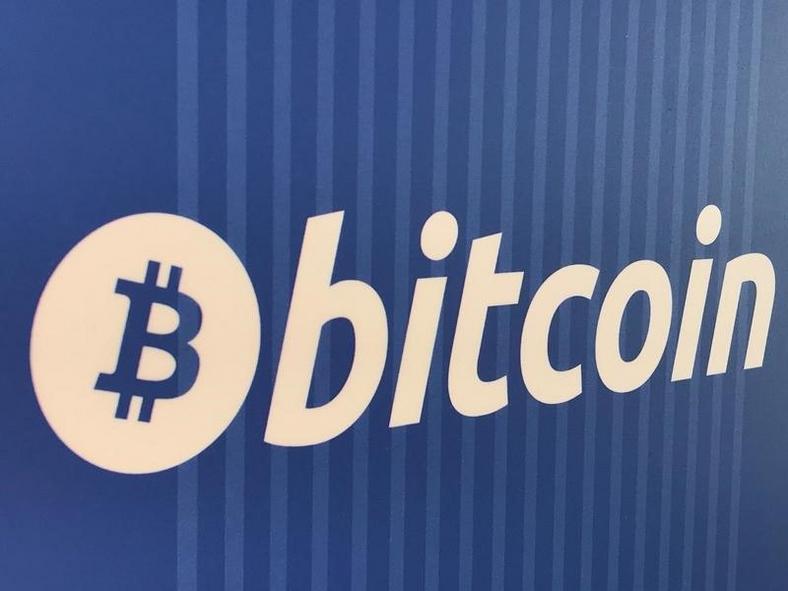 A Bitcoin logo is seen on a cryptocurrency cashpoint in Santa Monica 