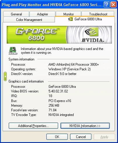 GeForce 6800 Ultra wykryty przez sterowniki ForceWare