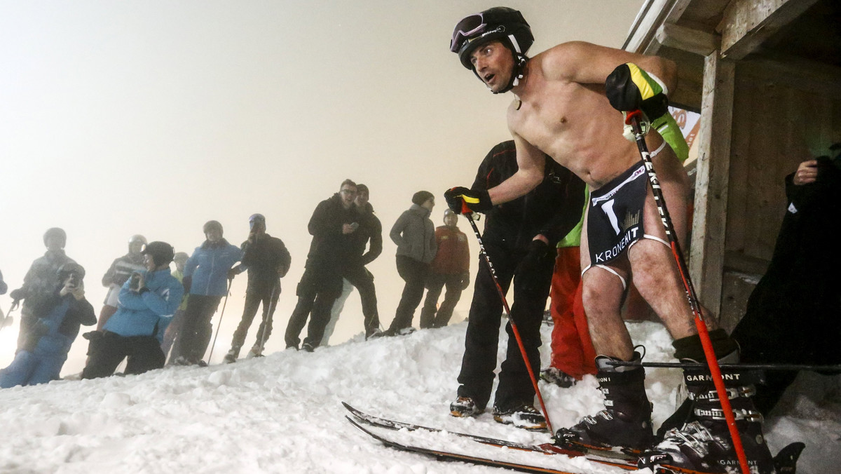 A competitor starts during a fun "Naked Slalom Skirace" in the western Austrian ski resort of Steinach am Brenner