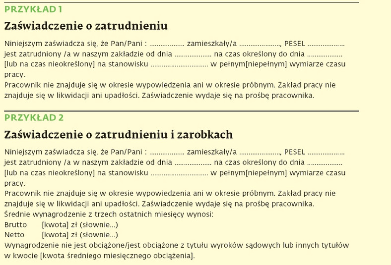 Zaświadczenie dla banku: Przykłady 1,2