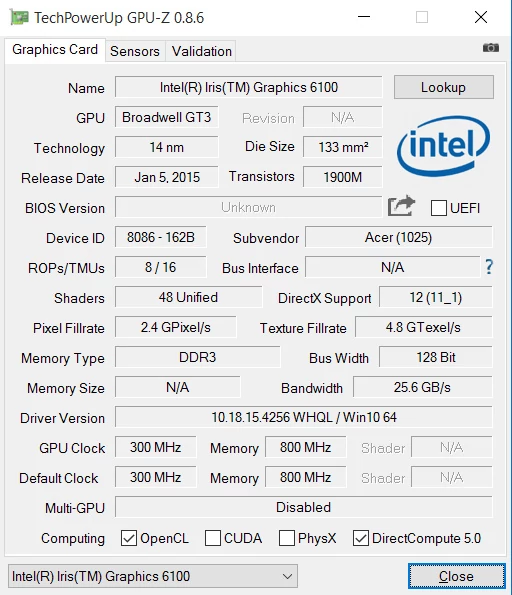 Parametry układu Iris 6100 zintegrowanego z Core i5-5257U