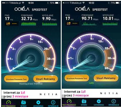 Test routera przy pomocy aplikacji Speedtest.net na iPhone 5