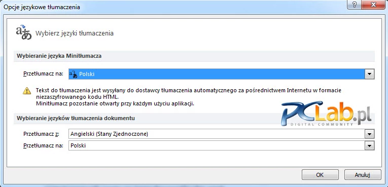 MS Word 2010 – ustawienia językowe Minitłumacza (kliknij, aby powiększyć)