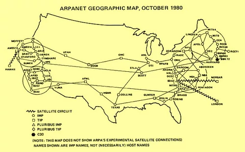 ARPANET w 1980 roku rozrósł się do gigantycznych, jak na tamte czasy, rozmiarów