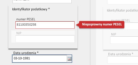 Zaletą programu e-Deklaracje jest kontrola prawidłowości wypełnianych pól. Przykładowo program wykryje nieprawidłowo wprowadzony numer PESEL