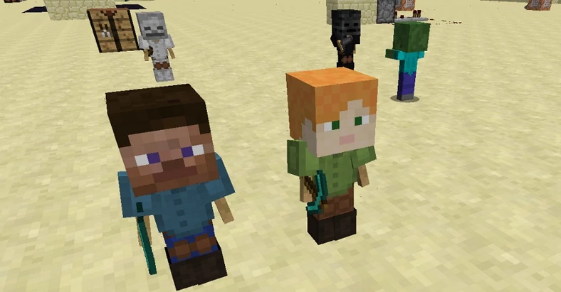 Zdjęcie rodzinne postaci reprezentujących gracza w świecie Minecrafta, Steve po lewej, Alex po prawej, w tle moby - szkielety i zombie