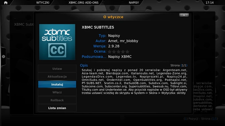 Ekran instalacyjny wtyczki XBMC Subtitles