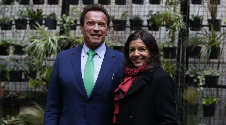  Arnold Schwarzeneggert, Kalifornia állam volt kormányzóját fogadja Anne Hidalgo, párizsi polgármester a klímavédelmi csúcstalálkozó előtti napon /Fotó: MTI