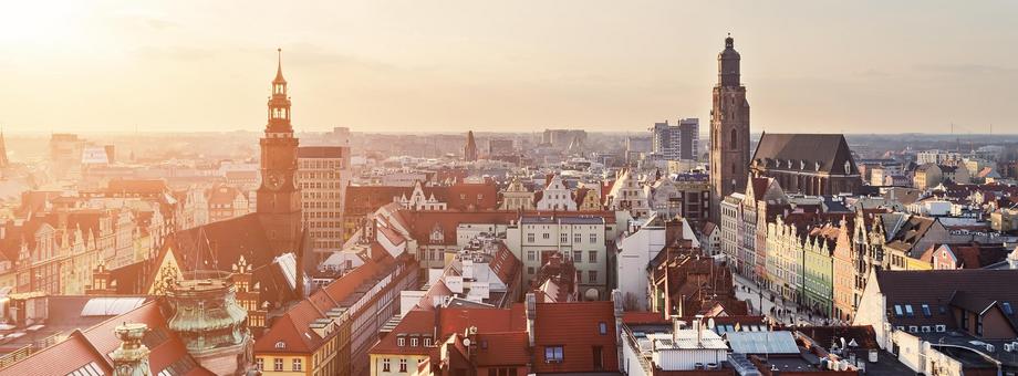 Panorama of the city skyline at sunset Wroclaw, Poland