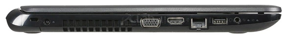 Lewa strona: zamek Kensington, gniazdo zasilacza, D-sub, HDMI, RJ-45, USB 2.0, audio