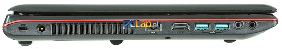 Lewa stron: Kensington Lock, gniazdo zasilacza, USB 2.0, HDMI, 2 × USB 3.0, gniazda audio