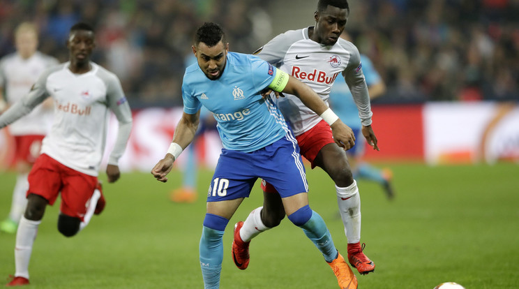 Dimitri Payet
(elöl), ahogy az
 osztrák Salz-
burggal szembeni Európa-
liga elődöntőn, 
a fináléban is a 
francia 
Olympique 
Marseille 
vezére lehet /Fotó: MTI