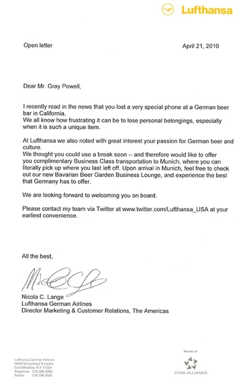 List od szefowej marketingu Lufthansy zaprasza na wycieczkę z atrakcjami... takimi jak zapicie smutku po stracie iPhone HD