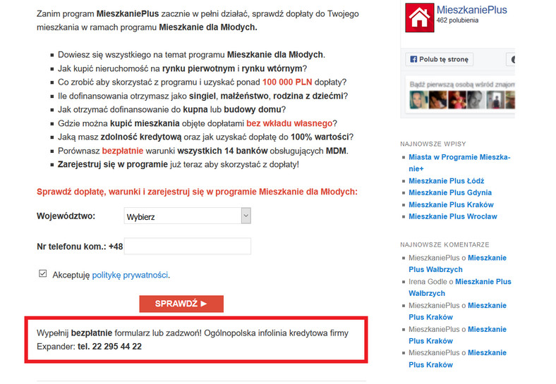 Print screen strony http://mieszkanieplus.com, po wejściu w zakładkę „Zarejestruj się w MdM” . Jeszcze w piątek 4 sierpnia podany był tam numer telefonu ogólnopolskiej infolinii. Po wysłaniu pytań przez „DGP” do Expandera, strona została zaktualizowana.