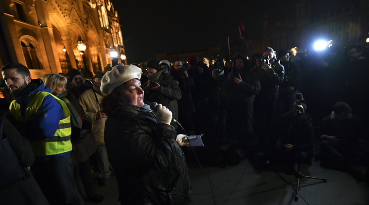 Herczeg Mária, a Magyar Szakszervezeti Szövetség Nőtagozatának vezetője is felszólalt az egyik tüntetésen / Fotó: MTI - Mónus Márton