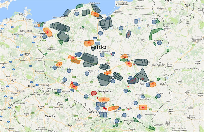 Mapa Polskiej Agencji Żeglugi Powietrznej informująca gdzie można latać dronem, a gdzie potrzebne SA zezwolenia, lub jest to całkowicie zakazane