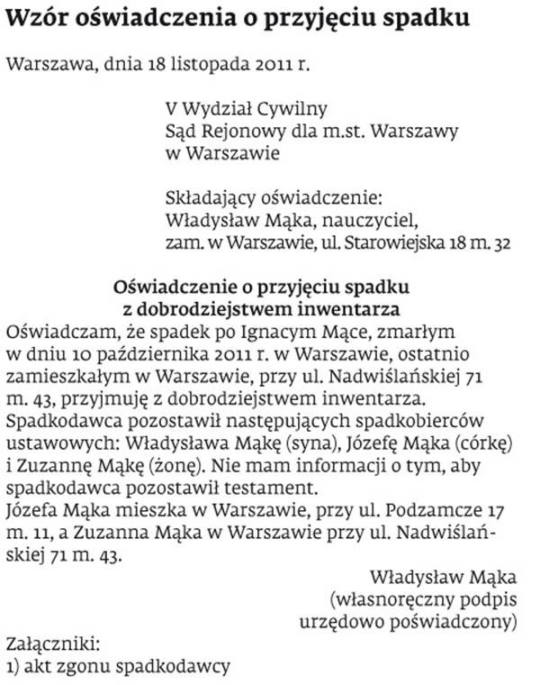 Wzór oświadczenia o przyjęciu spadku