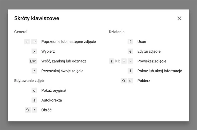 Skróty klawiaturowe w Zdjęciach z poziomu przeglądarki