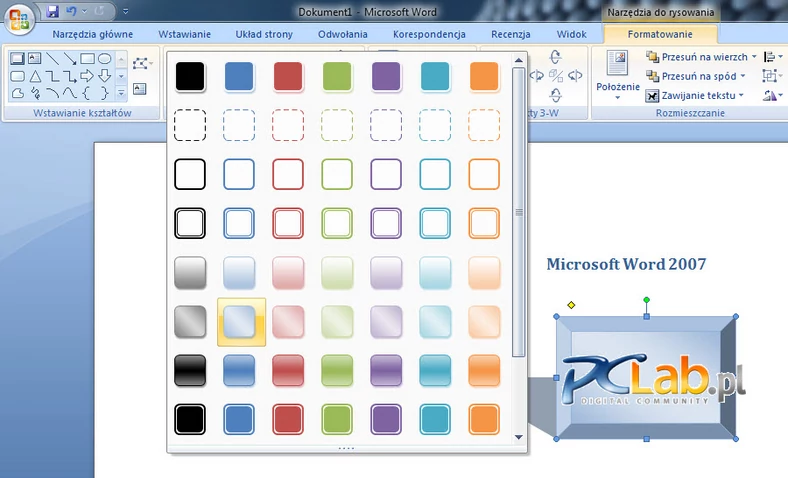 MS Word 2007 – formatowanie kształtów (kliknij, aby powiększyć)