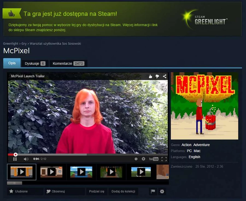 Gra McPixel na Greenlight - strony pozostają w archiwum nawet po zakończeniu prac, możemy sprawdzić np. statystyki