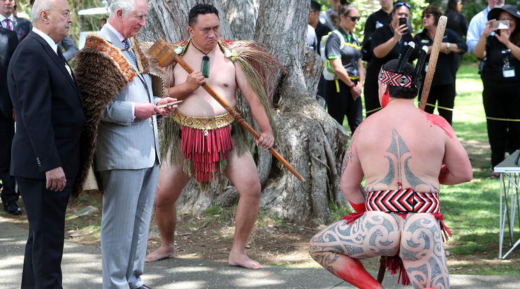 Károly herceget hagyományőrző maori harcosok fogadták, akik eljárták neki ősi táncukat is, a hiányos öltözetű férfiaknak pedig ereklyét vitt haza a trónörökös. /Fotó: Profimedia-Reddot 