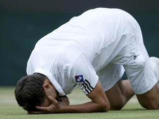 Jerzy Janowicz celebruje zwycięstwo nad Łukaszem Kubotem w ćwierćfinale wielkoszlemowego Wimbledonu