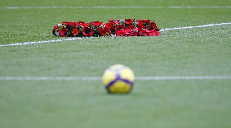 A labda helyett a pipacsokkal telerakott koszorú kerül egy rövid időre a figyelem középpontjába az Everton stadionjában /Fotó: AFP