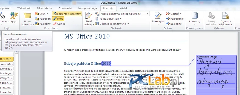 MS Word 2010 – komentarz odręczny w dokumencie (kliknij, aby powiększyć)