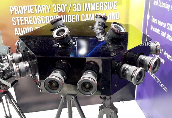 A tu już zestaw do filmowania w 360 stopniach w trójwymiarze - 18 aparatów Canon 5D Mark III, każdy z obiektywem Canon L 16-35 f/2.8 Jeden zestaw aparat plus obiektyw to koszt około 14 tys. złotych. Czyli taki komplecik jak ze zdjęcia wart jest jakieś ćwierć miliona złotych. Ajć! :)