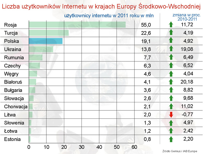 Liczba użytkowników Internetu w krajach Europy Środkowo-Wschodniej