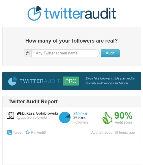 Za pośrednictwem Twitter Audit możemy sprawdzić jak wielu followersów jest fałszywych. Jeżeli wynik audyto wypada mocno poniżej 50%, ktoś najprawdopodobniej kupił sobie fanów.