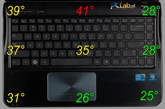 Jak widać, laptop nie nagrzewa się zbyt mocno, chociaż są miejsca wyraźnie ciepłe (ale nie gorące)