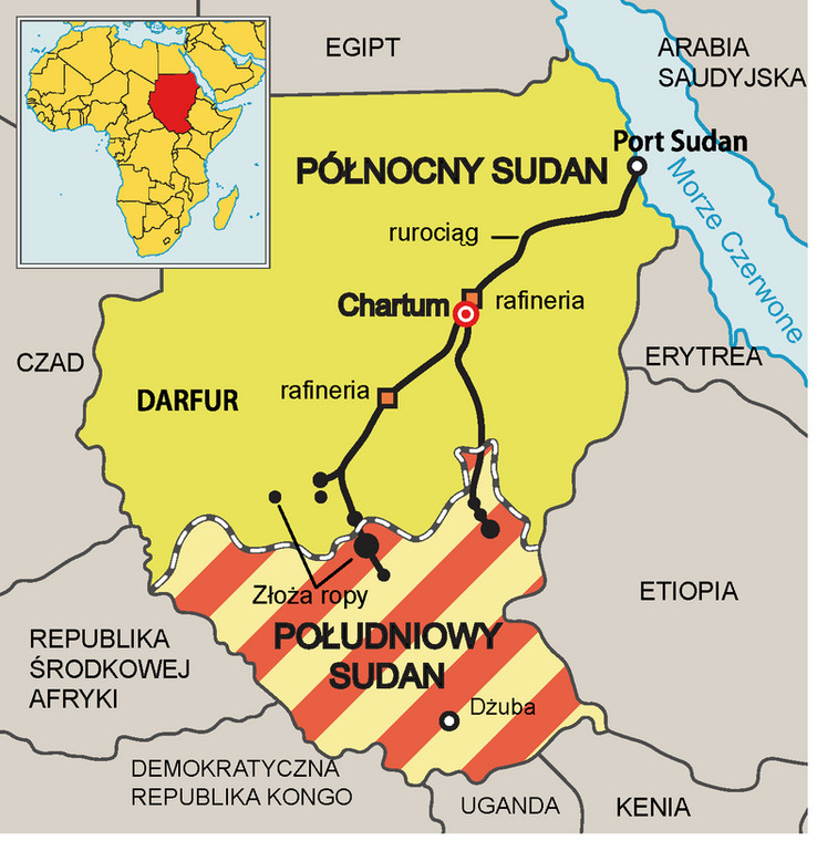 Sudan Południowy i Sudan Północny - mapa rurociągów i złóż ropy